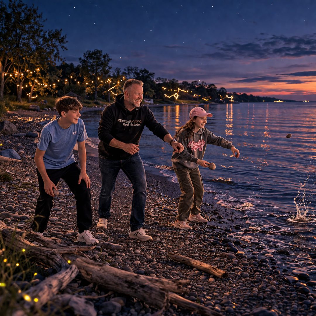 Doug Gordon skipping stones with his kids on the Lake Ontario shoreline at dusk in Ajax Lakeside