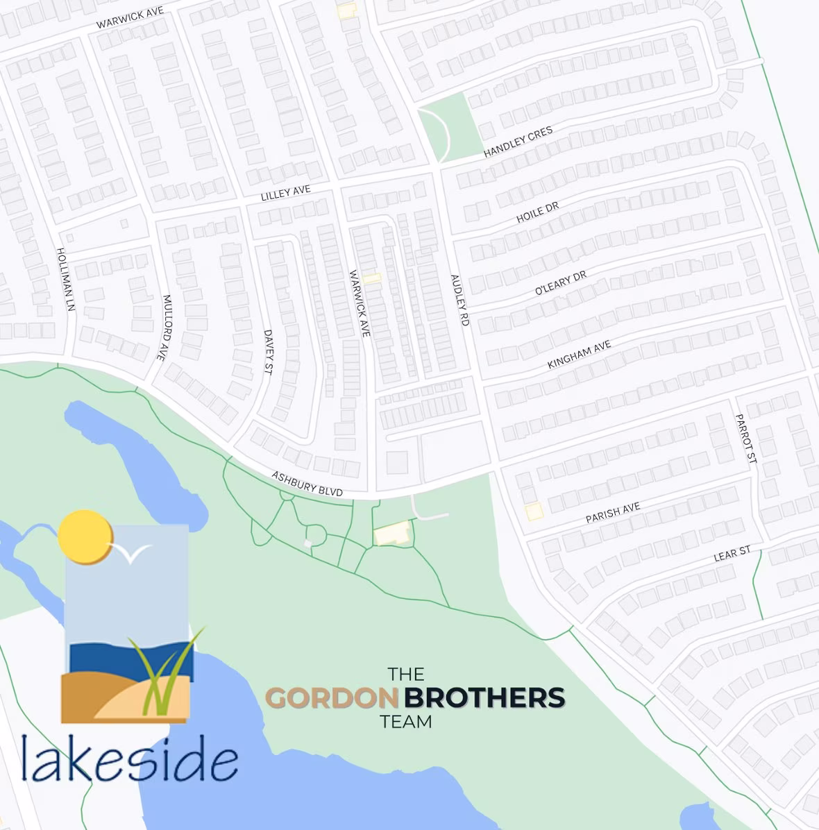 Map of the Ajax Lakeside neighbourhood in South Ajax, showing the residential streets between Carruthers Marsh, the Ajax Waterfront Trail and the Lake Ontario shoreline