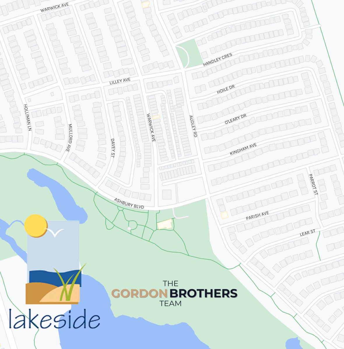 Map of the Ajax Lakeside neighbourhood in South Ajax, showing the residential streets between Carruthers Marsh, the Ajax Waterfront Trail and the Lake Ontario shoreline
