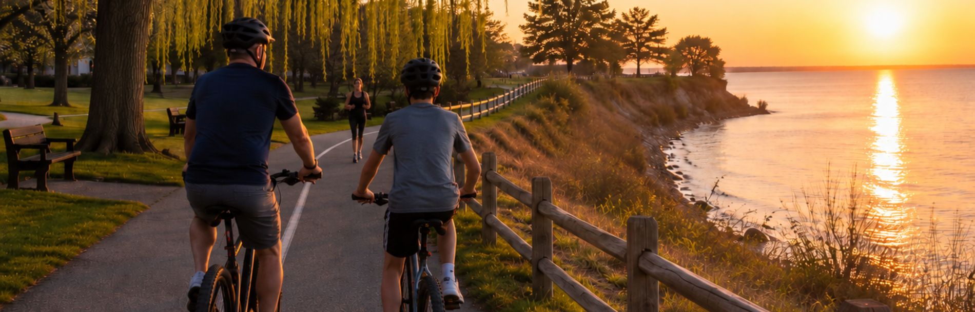 Cyclists on the Ajax Waterfront Trail along Lake Ontario at sunset, in the Lakeside neighbourhood