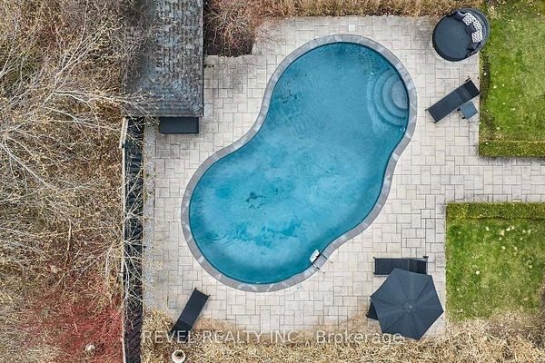 Aerial of the saltwater pool and stonework at 475 Poplar Avenue, Ajax